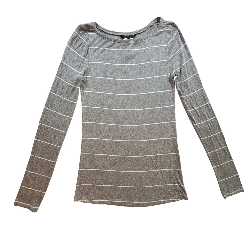 BCBGMAXAZRIA Striped Long Sleeve Top Womens Large Grey Ribbed Knit Tee Leah